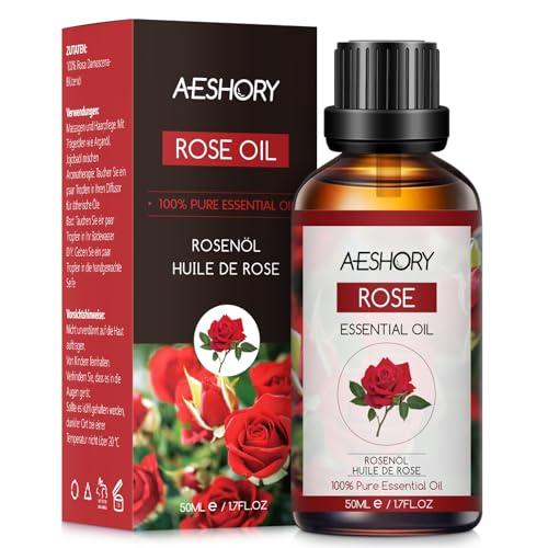 AESHORY Olio Essenziale di Rosa 50ML, Naturali Olio Aromaterapico di Rosa, Olio Profumati Premium per Diffusori, Massaggio, Bagno, Cura della Pelle, Rilassamento e Calma