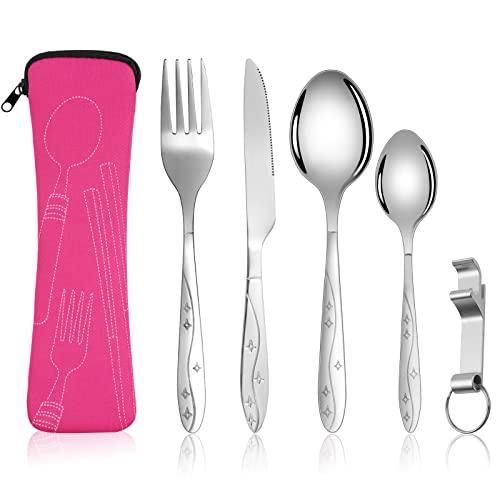 Vicloon Set di Posate con Custodia Portatile, 5 Pezzi in Acciaio Inossidabile con Apribottiglie, da Viaggio Coltello Forchetta Cucchiaio per Campeggio (Rosa Rossa)