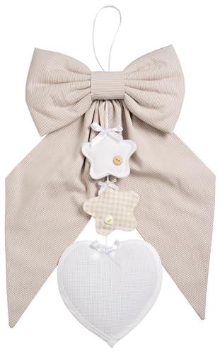 Filet - Fiocco Nascita da Ricamare in Tessuto a Righe Beige con Stelline Pendenti e Cuore in Tela Aida, Ideale per Annunciare la Nascita di un Neonato, Made in Italy