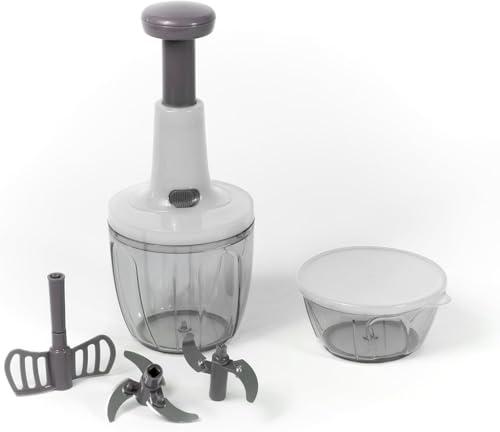 Meridiana CHEF ROTOR Mixer Tritatutto Manuale da Cucina con 5 Lame in Acciaio Inox - Senza Corrente o Batterie - Doppio Contenitore 900 ml + 400 ml - Bianco