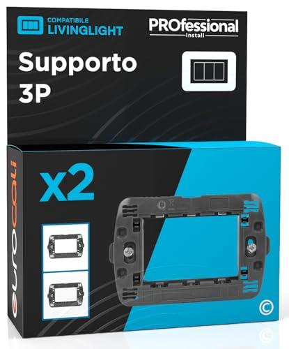 Supporto per Placca Rettangolare a 3 Moduli Compatibile con BTicino Living per Frutti Interruttori e Cassette Colore Grigio - Confezione da 2