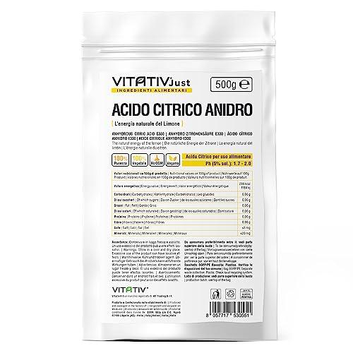VITATIV - Acido Citrico Anidro 100% Puro - 500gr - Qualità Alimentare - Conservante Ideale per Pasticceria e Cucina - Acidificante in Polvere per Bevande e Marmellate