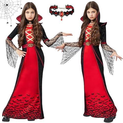 KOMEIYL Vestito Vampira Bambina Halloween, Rosso Nero Vestito Vampira Bambina con Collana, Vampiro Cosplay Costume Dress up, Applica a Festa Tema, Ritrovo Tra Amici o Festa Maschera ((L(130-145 CM))