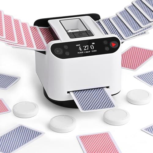 Mescolatore e Distributore Automatico di Carte – Rotazione 360° per 1–2 Mazzi, 2–12 Giocatori con 4 Telecomandi | Modalità di Gioco Integrate, Ricaricabile & Silenzioso per Poker, UNO, Phase 10 Bianco