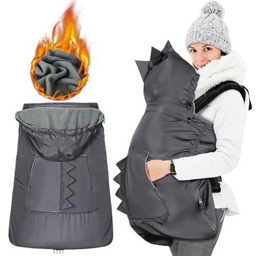 Orzbow Cover Marsupio Neonato, Impermeabile Cover Babywearing Invernale, Coperta Marsupio Neonato Universale, Parte Superiore Staccabile, Cerniera Inferiore e Tasca, Dinosauri Grigio Scuro