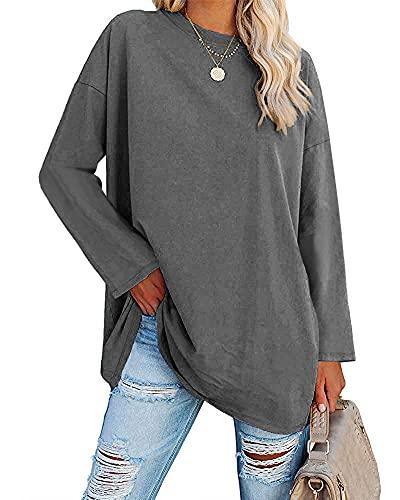 Ebifin Maglia Manica Lunga Donna Oversize T-Shirt Girocollo Maglietta Maglione Maglie Lunghe., Grigio, L