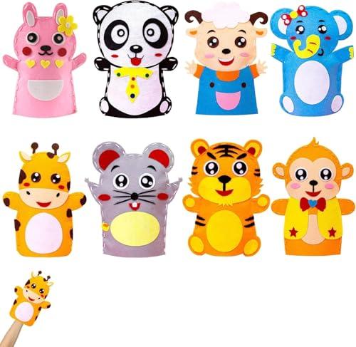 Set Cucito Bambini 8 Pezzi Kit Marionette da Dita Fai da Te Animali Feltro Morbido con ago plastica e Filo colorato per Giochi educativi creativi