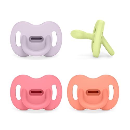 Suavinex, confezione da 4 ciucci interamente in silicone, per bambini 6/18 mesi, con Tettina Simmetrica SX Pro, super morbida e flessibile, ideale per dormire, rispetta lo sviluppo orale, rosa, verde