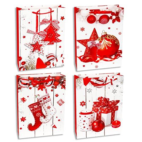 Buste Regalo per Natale XL Taglia Extra Large - 4 Pezzi - Sacchetti Regalo in 4 Design Natalizi - Borse e Scatole di Carta per Doni di Natale o Carta Regalo (42x30x12cm)