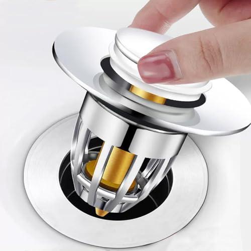 Tappo di scarico per lavabo, universale, con pulsante a pressione, filtro anti-intasamento