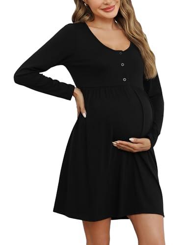 Bresdk Camicia da Notte Parto Ospedale Donna con Bottoni Manica Lunga Vestiti Premaman Eleganti Allattamento Abbigliamento da Casa, Nero, S