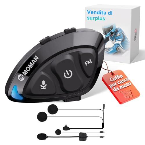 Moman Auricolare Moto-Ultra-Leggero, RS-S Cuffie Casco da Moto con Stereo HI-FI Riduzione del Rumore/FM/Vocale AI/Pulsante Compatibile con i Guanti/IPX6 Impermeabile Microfono Casco per Uso Singolo