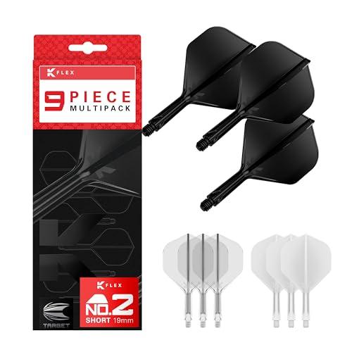 Target Darts K-Flex Integrated Dart Flights And Shafts, Stelo Corto (19 mm), No.2 Flight, Confezione da 9 Pezzi, Nero, Bianco e Trasparente