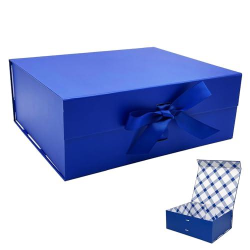 Tekhoho Scatola Regalo Blu Grande 33.5x27x12.5cm, Scatola Regalo Premium con Coperchio Magnetico e Nastro per Confezioni Regalo di Matrimonio e Compleanno, Fodera Plaid