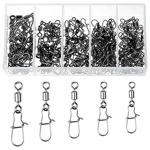 Ysimple 120 Pezzi Anelli Solidi con Moschettone per Connettori Clip Girevoli,Girelle da Pesca Trota Pesca in Acciaio Inox con Moschettone,Girelle Canna da Pesca, 4# 6# 8# 10# 12#