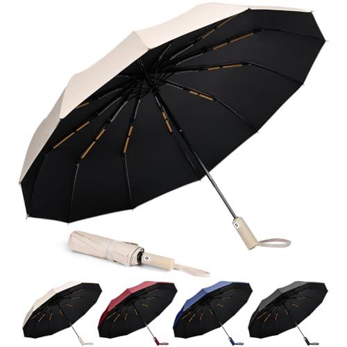 Aolso Ombrello Pieghevole Antivento a 12 Costole, Chiusura Automatica Ombrello Pieghevole, Ombrelli Pieghevole Compatto Anti-Tempesta, UPF>50+ Ombrello da Sole,Anti UV(Beige)