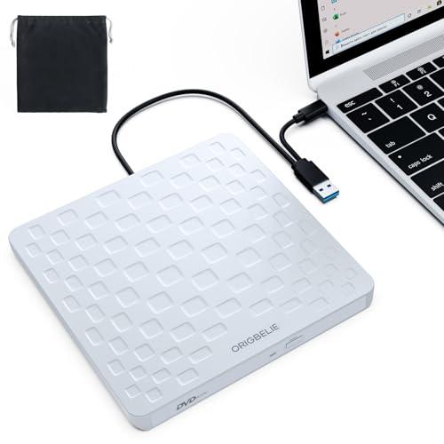 ORIGBELIE Lettore CD Esterno per PC Portatile, Ultra Slim 13mm USB 3.0 Type-C CD DVD +/-RW Drive, Plug & Play masterizzatore DVD esterno per Desktop Windows 11/10/8/7 Linux Mac OS, Bianco