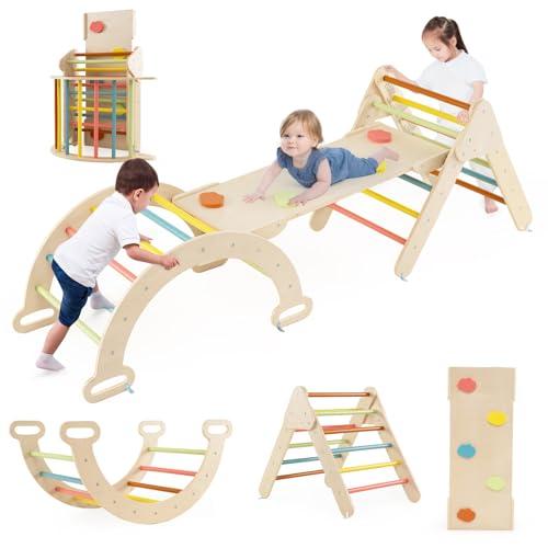 COSTWAY 4 in 1 Set da Arrampicata per Bambini, Giocattoli da Arrampicata a Triangolo con Triangolo Arco e Salita, Ideale per Bambini 1 Anni + (Macaron)