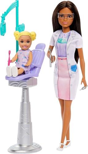 Barbie Dentista con bambola alla moda bruna con vestito blu e cappotto da laboratorio, 1 bambola per bambini, mobili e accessori per medici