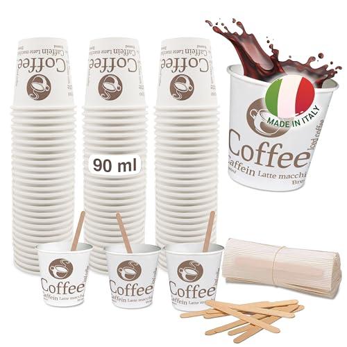 Caffetti 150 Bicchierini Caffè 3 oz + 150 Palette, Bicchieri 90 ml in Carta Made in Italy, Palettine Monouso in Legno Betulla Riciclabili, per Ristoranti, Ufficio, Asporto, Bar, Espresso