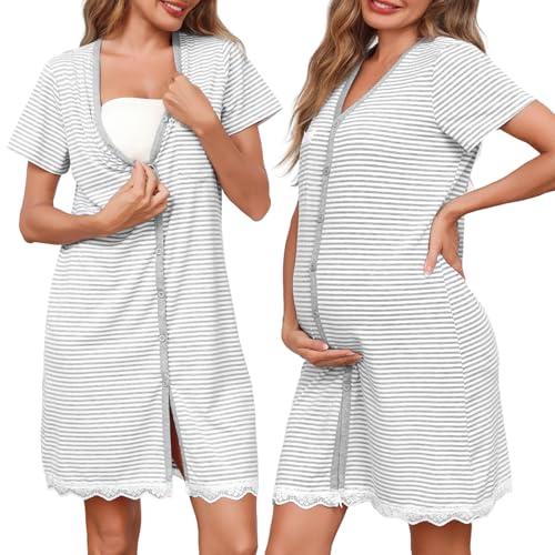 Uniexcosm Camicia da Notte Premaman Gessato M, Camicia da Notte Donne Gravidanza, Cotone, Scollo A V, Manica Corta, Aperto Anteriore, S-XXL