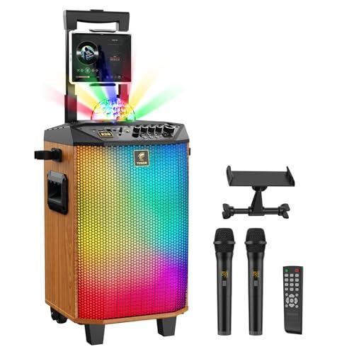 Karaoke per adulti, TONOR Altoparlante Bluetooth portatile con 2 microfoni wireless Sistema PA con luci da discoteca per casa, feste, KTV, supporto per tablet, Marrone, Supporta REC/USB/TF/AUX