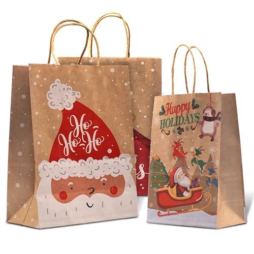 12 Sacchetti Regalo Natale (4 Large, 8 Small), Sacchetti Regalo 12 Diverse Fantasie, Sacchetti Natalizi Per Regali, Buste Regalo Manici Robusti, Sacchetti Natale Ecologici in Carta Kraft Premium
