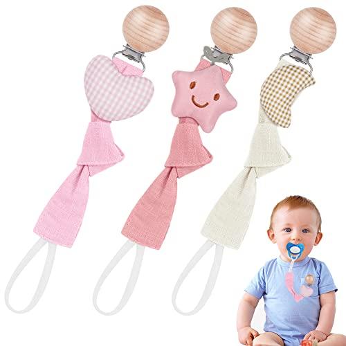 Vicloon Catenella Portaciuccio Neonato Personalizzato, 3 Pezzi Catenella Ciuccio, Catenella Portaciuccio Cotone Porta Succhietto Clip di Legno di Faggio, Catena Ciuccio per Ragazze, Serie Rosa