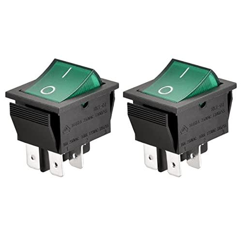 Heschen - Interruttore a bilanciere, acceso/spento, DPST, 4 terminali con luce verde, 16 A, 250 V CA. Nr.2 pezzi.