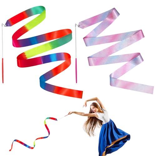 JINSIHU 2 Pezzi Nastri da Ballo, 4 m Nastro da Ginnastica Ritmica Nastri da Danza Dance Ribbons Ginnastica Ritmica Bacchetta Ginnastica Ritmica Bacchetta per Talentshow Allenamento Artistico di Danza