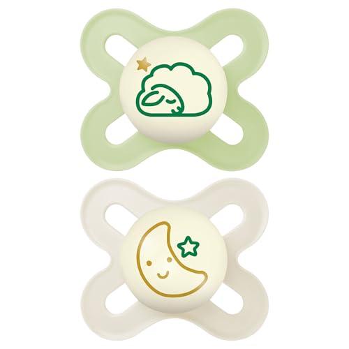 MAM Original Start Night Succhietto 0-2 Mesi (Set da 2), Ciuccio MAM che si illumina al buio con tettarella in caucciù, Kit da 2 accessori neonato con porta ciuccio sterilizzatore, Neutro Notte
