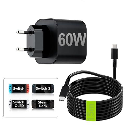 Tolesum Caricatore per Nintendo Switch/Switch 2, 60W Alimentatore Switch con Cavo avo di ricarica USB-C Rapida 1,5 m per Switch/Switch 2 Console/Switch Lite/Switch OLED/Switch Deck Dock/Controller