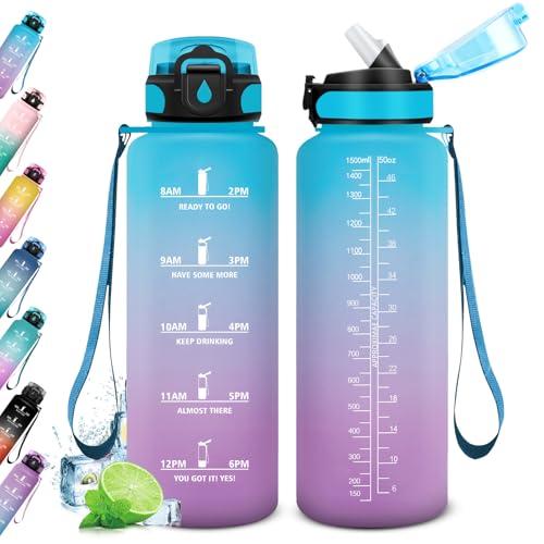 Borraccia 1.5L, Bottiglia con Cannuccia, Bottiglia a Prova di Perdite, Bottiglia Plastica Riutilizzabile, Borraccia Sportiva con Indicatore del Tempo Motivazionale, Borracce per Palestra, Campeggio