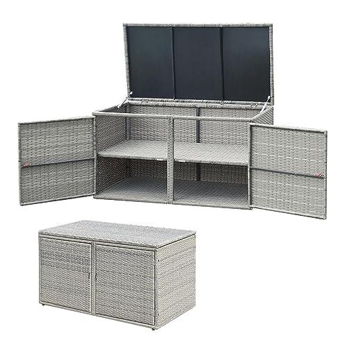 KOMFOTTEU Cassapanca Contenitore da Esterno da 330L in Rattan, Telaio in Acciaio, Baule da Giardin Resistente ai Raggi UV, Mobile Balcone Impermeabile a 2 Ripiani per Cortile, 115x60x65 cm (Grigio)