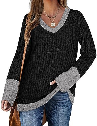 DUOEASE Felpa Nera Donna Scollo a V Elegante Leggeri Maglione Maniche Lunghe Autunno e Inverno GNero-M