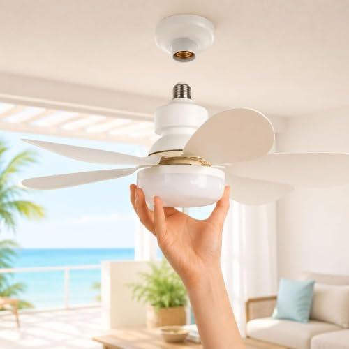 Ventilatore da Soffitto con Luce LED E27 e Telecomando, Ventilatore Lampadario 42 cm con 3 Velocità e 3 Colori di Luce, Ventilatore da Soffitto Silenzioso con Attacco E27 Universale per Camera, Cucina