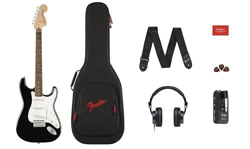 Squier by Fender Affinity Stratocaster Chitarra Elettrica & Mustang Micro Pack, Nero, Tastiera in Acero, Include Gig Bag, Tracolla, Cuffie, Plettri e 3 Mesi di Fender Play Gratis