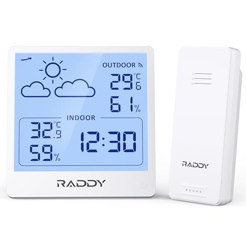 Raddy WF-50V Stazione meteorologica wireless, Termometro Igrometro per interni ed esterni, 5,0'' VA display, alimentazione tramite USB-C, previsioni del tempo, sensore remoto wireless (Bianco)