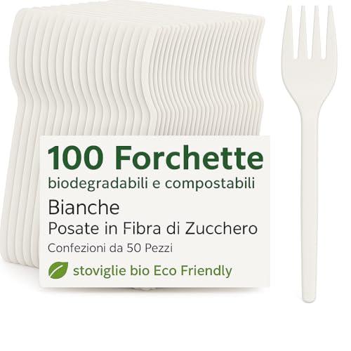 100 Forchette biodegradabili e compostabili Bianche Posate in Fibra di Zucchero Confezioni da 50 Pezzi stoviglie bio Eco Friendly (100 pezzi)