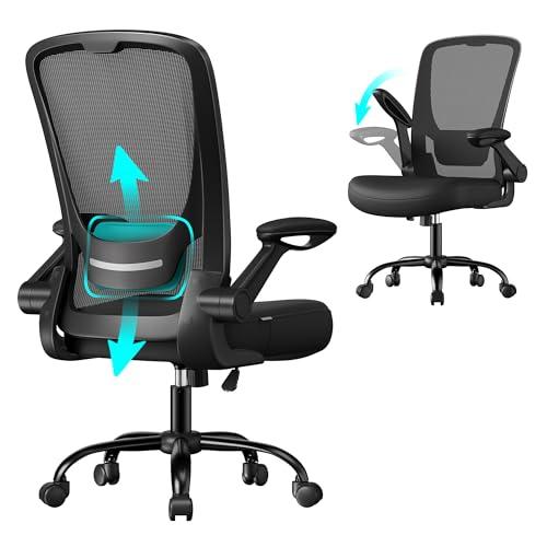 SONGMICS Sedia da Ufficio Girevole, Sedia di Rete da Computer Ergonomica, Supporto Lombare, Oscillante, Seduta 53 cm, Braccioli Pieghevoli, Nero OBN37BK