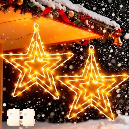 Dekofun Stella di Natale Luminosa 2 Pezzi 75 LED Grande Metallo Luci Natale da Esterno a Batteria con Timer, Addobbi Natalizie Impermeabile Decorazioni Finestra per Interno Festa Balcone Porta