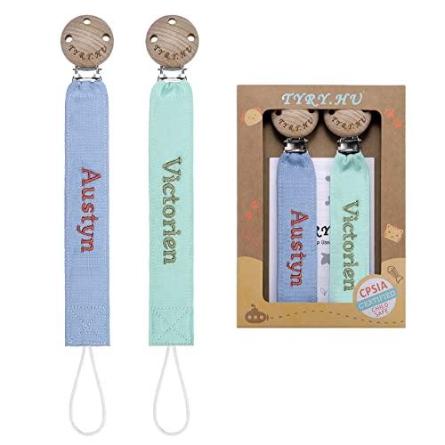 TYRY.HU Catenella Portaciuccio con Nome Personalizzata Porta Succhietto Clip di Legno Cotone Bambine Ragazzi Massaggiagengive Ciuccio Clip Baby Regalo, 2 Pezzi