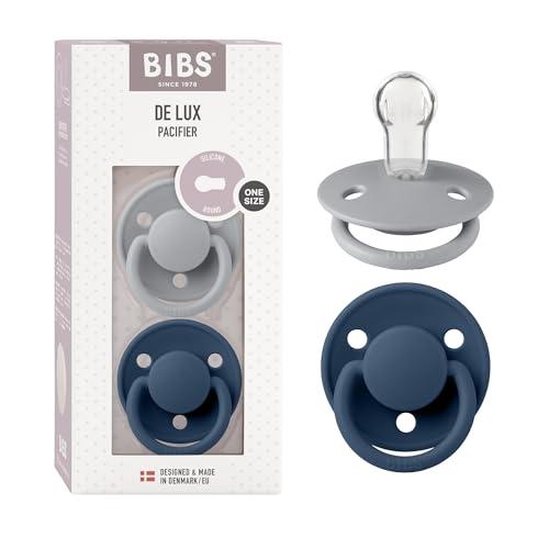 BIBS De Lux Ciuccio confezione da 2 pezzi. Privo di BPA, Tettarella tonda. Silicone, Misura unica (0-36 mesi), Cloud/Steel Blue