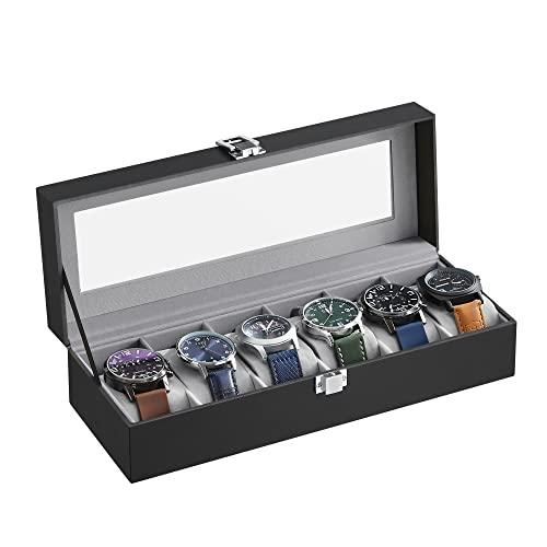 SONGMICS Porta Orologi a 6 Posti, per Natale, Scatola Portaorologi, Coperchio in Vetro, Cuscini Rimovibili, Chiusura in Metallo, Idea Regalo, Superficie in PU Nera, Interno Grigio Verdastro JWB06BK