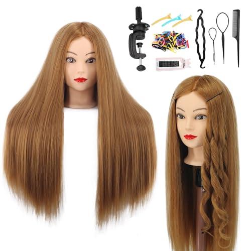 Testa di manichino con capelli veri, 80% capelli veri, 66 cm, per cosmetologia, acconciature, parrucchieri, pratica e allenamento, con morsetto e strumenti (#27 marrone chiaro)