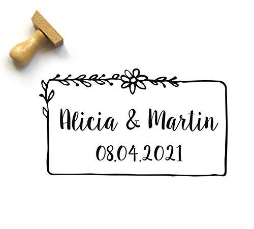 Timbro personalizzato matrimonio, stile country chic con fiori, con nomi e data, rettangolo, 5 x 3 cm