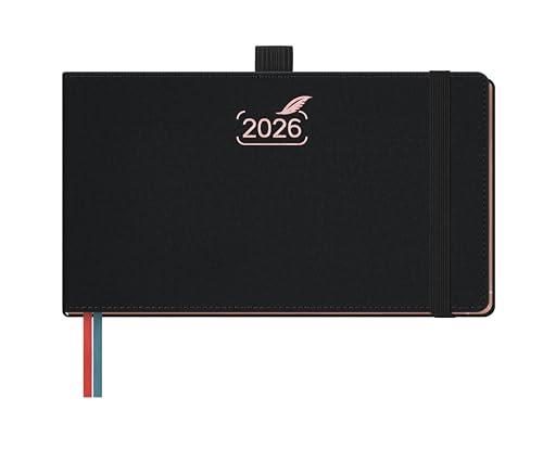 BEZEND Agenda 2026 Settimanale Tascabile 9,4 x 16,7 cm - 1 Settimana 2 Pagine da Gen a Dic 2026, Piccola Formato Orizzontale con Vista Verticale, Bordo in Oro Rosa, Portapenne - Nero