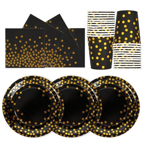 PYAILI Oro Nero Stoviglie Feste 72 Pezzi Festa della Addobbi Ragazza Compleanno Dambini Articoli Feste Set Include Piatto Usa e Getta Carta Party Tazze Tovaglioli-24 Ospiti