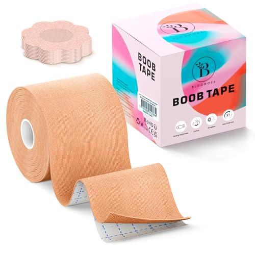 BLOOMORA Boob Tape Essential - Body Tape 5 cm con Copricapezzoli in Silicone - Nastro Push Up per Seno Grande - Nastro Adesivo Seno Extra Largo - Reggiseno Adesivo Invisibile Beige