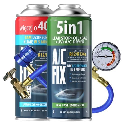 AC FIX 5-in-1 – R134a + R134a XL + Tubo flessibile, 470 g Refrigerante per climatizzatori auto con olio, sigillante, colorante UV, essiccante – Protegge il compressore